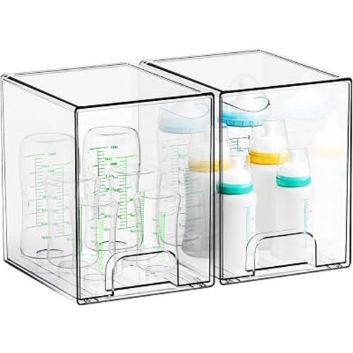 Yieach 7.5" High Stackable Storage Bins,2 Pack Bottle Station and Baby Bottle Storage Organizer for Countertop,Clear Acrylic Drawers for Pacifier,Breast Pump Parts,Storage Containers,Makeup and Lotion