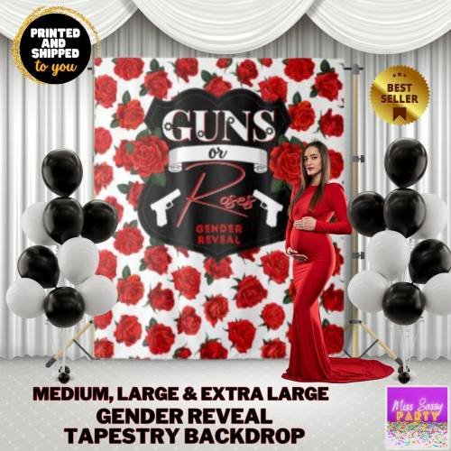 Guns or Roses Gender Reveal Baby Shower Photo Backdrop - Red and Black Badge - Law Enforcement & Military Couple -Unique Baby Shower Decor
