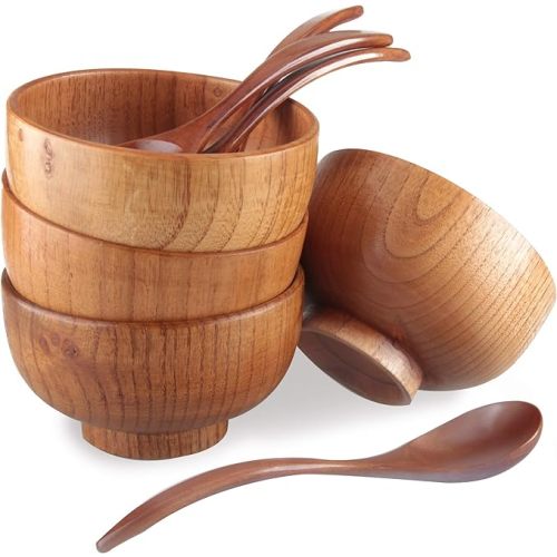Handmade Wood Bowls,Jujube Wooden Japanese Bowl with Matching Spoon for Rice, Soup,Dip,Salad,Tea,Decoration 4 Sets(4 Bowls 4.2 IN + 4 Spoons)