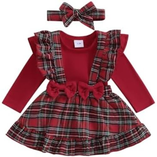 Baby Girls Plaid Overall Skirt Set Long Sleeve Romper Plaid Suspender Skirt Headband Christmas Outfit Sets
