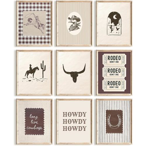 Ylmekx Western Cowboy Wall Decor Vintage Nursery Canvas Wall Art Boys Room Poster Baby Neutral Pictures Retro Cowboy Prints Rustic Southwestern Painting for Bedroom 8x10 Unframed Set of 9