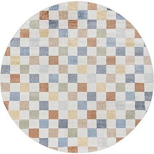 BoutiqueRugs Alia Colorful Modern Checkered Area Rug - Contemporary Geometric Carpet for Hallway, Nursery, Playroom, Girls Boys Room - Machine Washable - White, Blue, Peach, Rust - 6'7" Round