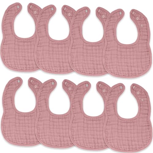 Comfy Cubs Muslin Bibs for Babies, Pack of 8 - Soft and Highly Absorbent, Feeding, Drool and Teething Bib, Adjustable Snaps - Stylish & Colorful Unisex Designs, Giftable Set - Mauve