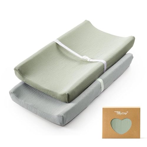 Muslin Changing Pad Cover for Baby Girls Boys, Soft and Breathable Cotton Diaper Changing Table Cover, 2 Pack(Grey&Saga)