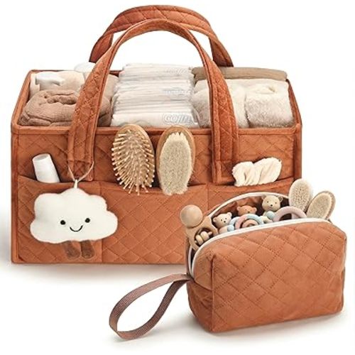 PeraBella Baby Diaper Caddy Organizer, Baby Basket Shower Gift, Portable Changing Table Basket, Postpartum Caddy & Tote Bag Pouch, Newborn Boy & Girl Nursery Essentials Registry, Car Diaper Organizer