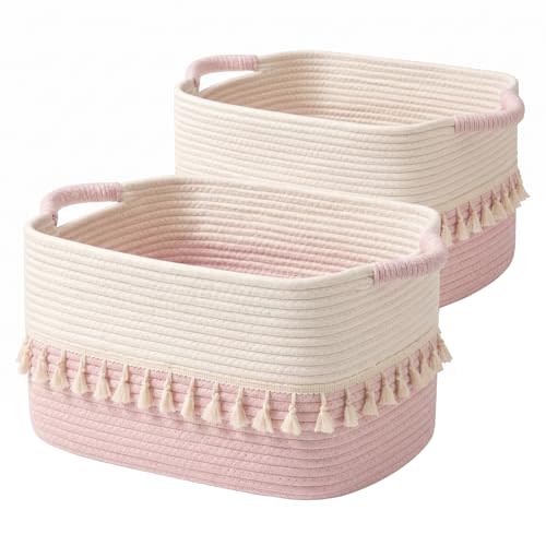 TeoKJ Storage Baskets 2 Packs, Storage Basket for toys,Towel, Storage Bins, Woven Basket for Shelves Bedroom Laundry Nursery, White & Pink