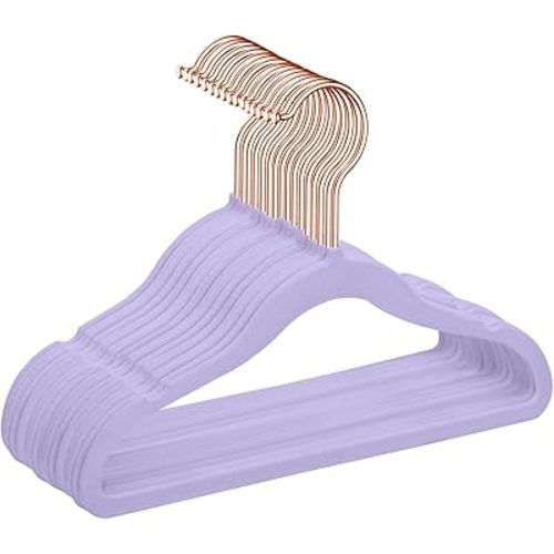 MIZGI Premium Kids Velvet Hangers (Pack of 50) with Copper/Rose Gold Hooks,Space Saving Ultra Thin,Non Slip Baby Hangers for Children's Skirt Dress Pants,Clothes Hangers(Light Purple)