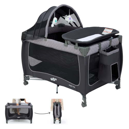 Pamo Babe Baby Playard, Magic Fold 1 Step Portable Playpen Changing Table for Newborn, Four-Panels