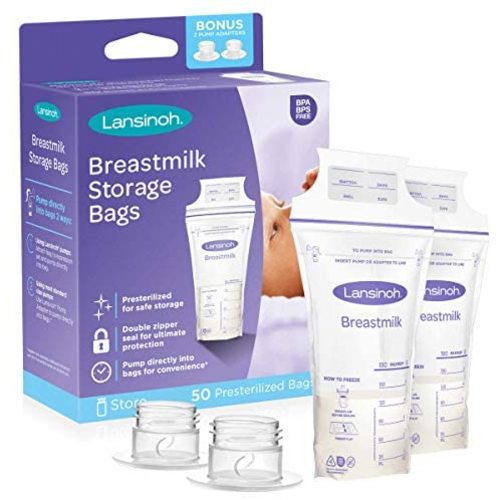 Lansinoh Breastmilk Storage Bags with Pump Adapters for Bags, 50 Count