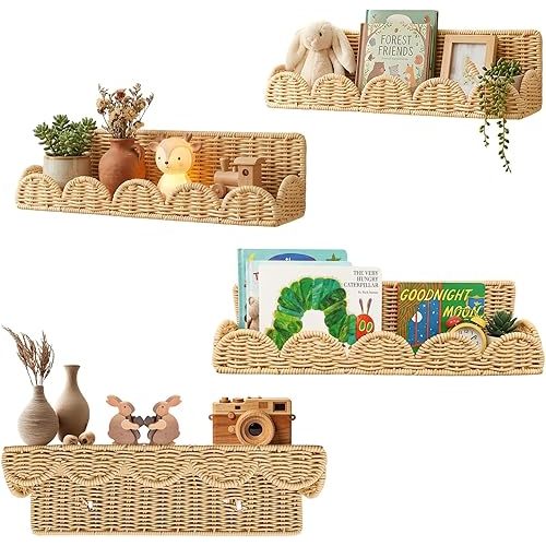 4 Pcs Book Shelves Rattan Scalloped Floating Bookshelves Wicker Boho Book Shelf for Wall Mounted Decor Nursery Rooms Hanging (Classic,15.8 Inch)