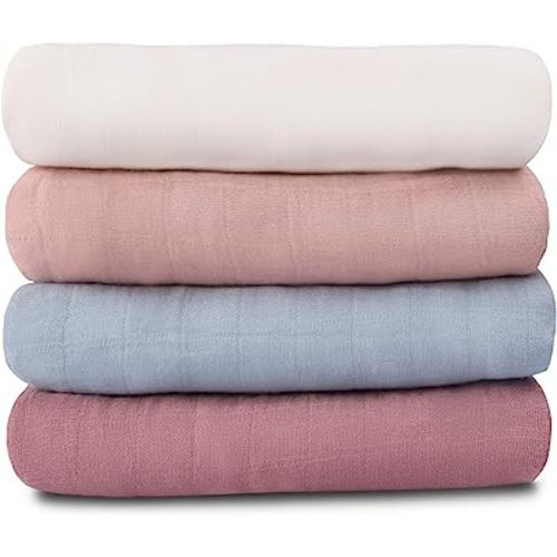 Meracorallo Muslin Swaddle Blanket Silky Soft Receiving Blanket Neutral Swaddle Wrap for Baby Boys and Girls, 47 x 47 inches, Set of 4 Solid Color (White+Blue+Pink+Purple)