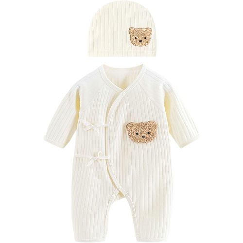 Breathable Newborn Bear Jumpsuit Hospital Hat Spring Outfit Long Sleeves Bodysuits For Baby Girls Boys Unisex Coveralls
