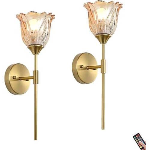 2 Pack Battery Operated Wall Sconce with Amber Glass Lampshade, Mid Century Bathroom Vanity, Wireless Rechargeable RGB Wall Light with Remote Control, for Bedroom Mirror Living Room