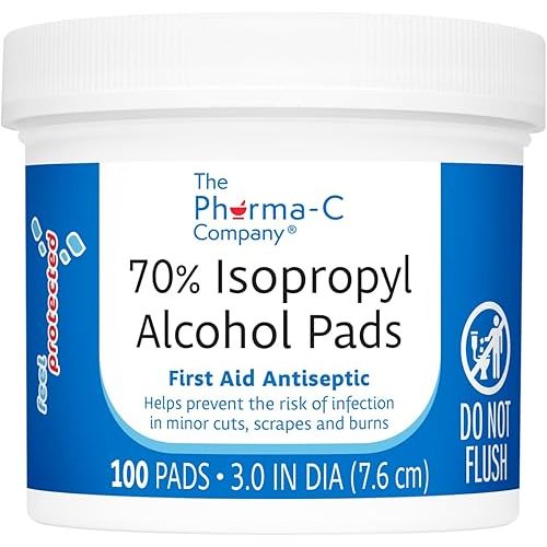 The Pharma-C Company 70% Isopropyl Alcohol Pads [100 count]. First Aid - Antiseptic Wipes - Extra Large - Alcohol for minor cuts, scrapes and burns.