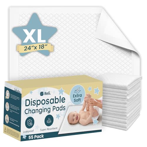 Reli. Premium XL Disposable Baby Changing Pad Liners | XL 24" x 18" | 55 Pack | Super Absorbent, Soft, Leak-Proof, Waterproof, Quick Dry | Carry On The Go for Quick Diaper Changes (White)