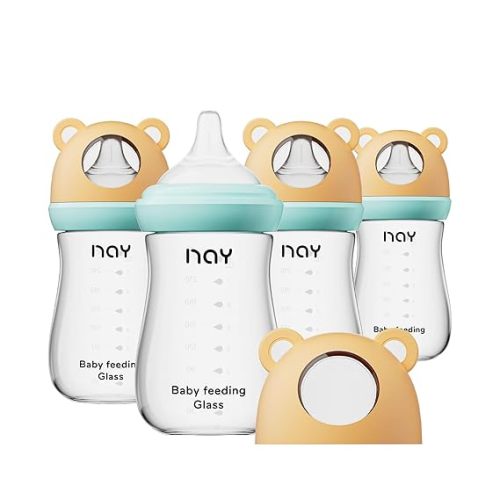 yanyoyo Natural Glass Baby Bottle for Breastfeeding Babies, 8oz Anti-Colic Baby Bottle with Natural Response Nipple(M), Clear, Wide Neck, 4 Pack, 3 Months+