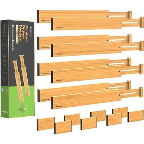 ANTOWIN Bamboo Drawer Dividers Organizers 16pcs, Expandable Drawer Separators Splitter, 17-22 inches Long Adjustable Spring-loaded Organizer for Large Utensil, Clothes, Tools Drawers (8+8)