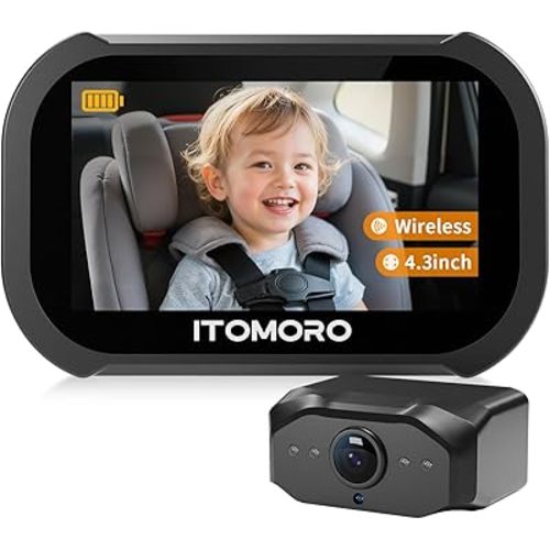 Itomoro Wireless Baby Car Camera, Rechargeable Car Baby Monitor with 4.3" HD 1080P Night Vision Display, Backseat Camera for Kids Max Range 1000FT, Easy Installation 360° Rotatable Rear Facing Mirrors