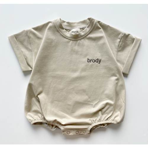 Short Sleeve Bubble Romper TAN, Personalized Embroidered Oversized Romper, Gender Neutral, Customized Baby Gift