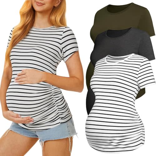 3 Pack Womens Maternity Shirts - Crew Neck Maternity Top Short Sleeve Pregnancy Tee Shirts