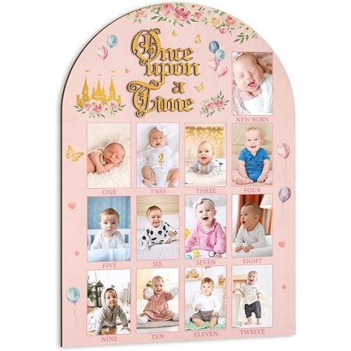 R HORSE My First Year Photo Display Wood Board - 3D Princess Baby's First Year Picture Frame, 12 Months Fairytale Castle Milestone Board Baby Keepsake Gift 1st Birthday Nursery Decor for Girl