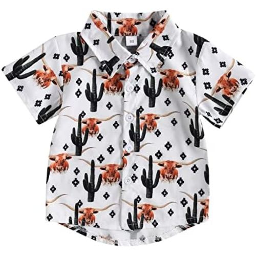 Western Baby Boy Clothes Button Down Short Sleeve Shirts Country Cowboy Dress Shirt Tops Summer Vintage Clothes