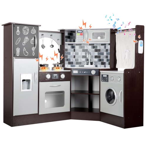 iYofe Corner Wooden Play Kitchen, Kids Kitchen Playset w/Light & Sound, Phone, Microwave, Stove, Cocina de Juguete Para Niña with Cooking Toys Accessories for Toddler Ages 3-5 Boys Girls, Espresso