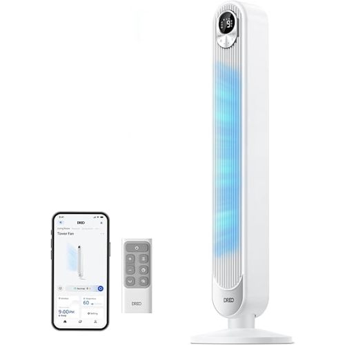 DREO Smart Tower Fan for Bedroom, Floor Standing Bladeless Oscillating Fan with Remote, 9 Speeds, 4 Modes, 12H Timer, for Indoor Bedroom Home Office, WiFi Voice Control