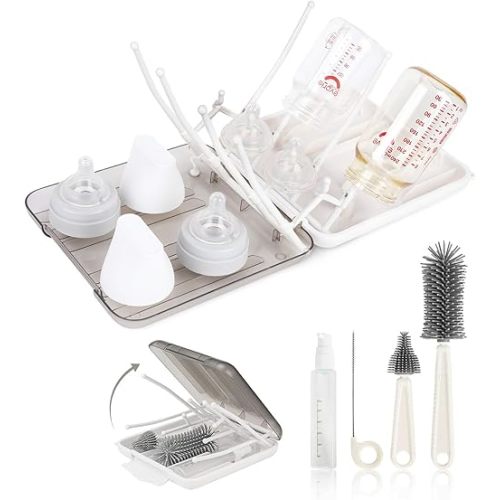Baby Bottle Brush Set, 6-in-1 Travel Bottle Cleaner Kit with Silicone Bottle Brush, Nipple & Straw Brush, Soap Dispenser, Drying Rack, Storage Box – Compact Baby Travel Essential for Home & On-The-Go