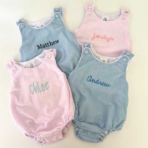 Baby name bubble romper, embroidered name, Personalized baby seersucker bubble romper