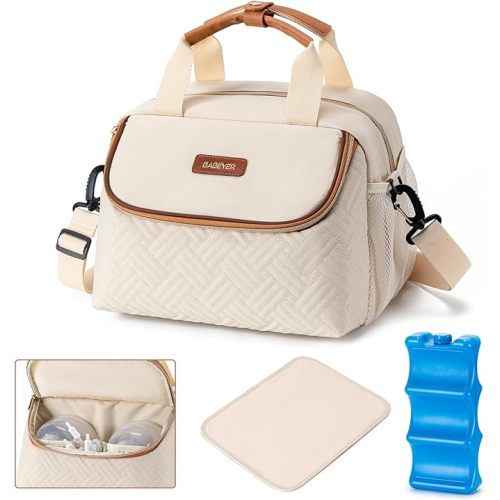 Breastmilk Cooler Bag with Ice Pack Fits 6 Baby Bottles up to 9 Ounce, Wearable Breast Pumps Cooler Bag for Nursing Mom Daycare, Work, Travel- Cream
