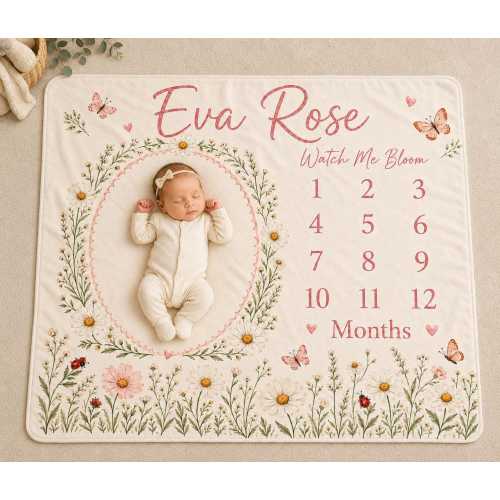 Personalized Baby Milestone Blanket, Custom Name Baby Girl Blanket, First Year Monthly Blanket, Floral Nursery Gift