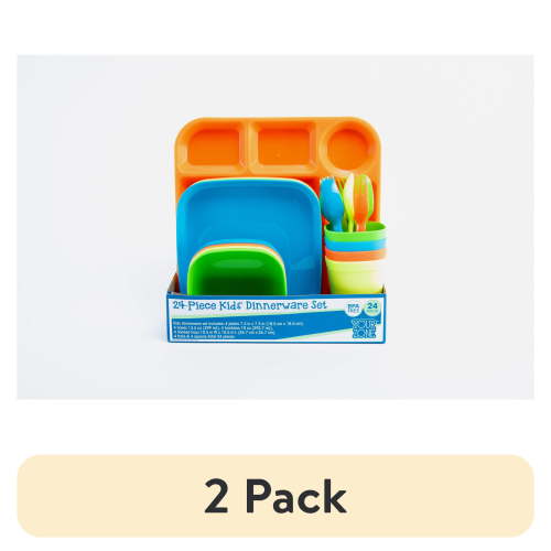 (2 pack) Your Zone 24 Piece Dinnerware Set for Kids with 4 each Trays, Bowls, Plates, Cups, Forks, Spoons in Bright Blue, Green, Orange, Yellow