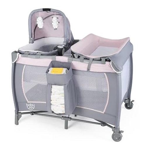 BABY JOY 5 in 1 Pack and Play, Portable Baby Playard w/Bassinet & Diaper Changing Table, Infant Pink Bassinet Crib with Hangings & Music & Oxford Bag for Baby Girl Toddlers (Pink + Purple, Classic)