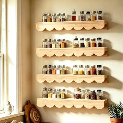 4 Tiers Spice Rack Wall Mounted, Scalloped Kitchen Storage Village Style Display Shelf, Vintage Spice Jar for Living Room, Bedroom, Shelf Only, 15.75 x 4.72 x 1.9 Inches