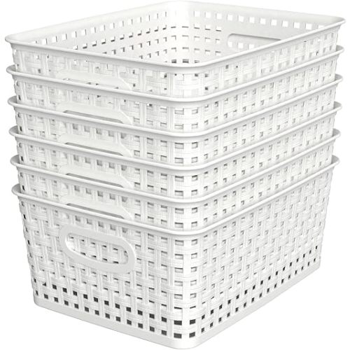 WYT Woven Plastic Storage Baskets, 6 Pack White Weave Bins Organizer, 10.1" x 7.55" x 4.1"