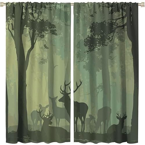 Deer Blackout Curtain,Green Misty Forest Rustic Wildlife Moose Mountain Elk Birds Pine Forest Silhouette Window Curtains for Kitchen Cafe Office Window Drapes,2 Panels W42 xL45