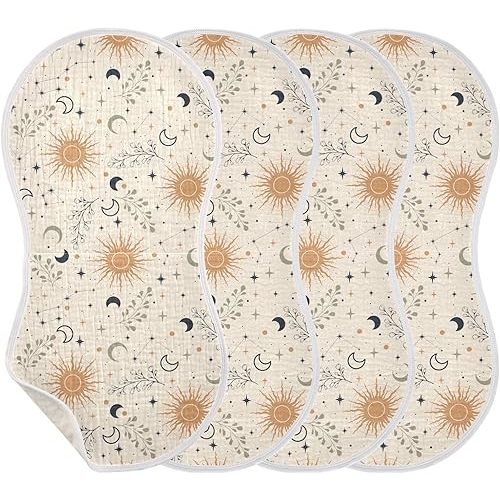 Muslin Burp Cloths for Baby Boys and Girls - 4-Pack Ultra Absorbent Magic Constellations Moons Star Muslin Washcloths, Newborn Towel, Milk Spit Up Rags, Burp Cloth Bib for Unisex, 22 x 11 Inch