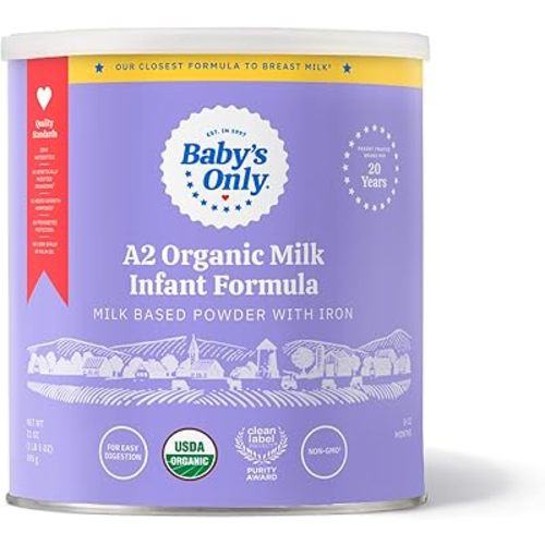 Baby's Only A2 Organic Milk Infant Formula, A2 Milk Based Powder, Organic Baby Formula with A2 Beta-Casein Protein, Iron, Vitamin E, Vitamin D, Easy to Digest, Newborn to 12 Months Old, 21 oz, 1 Pack