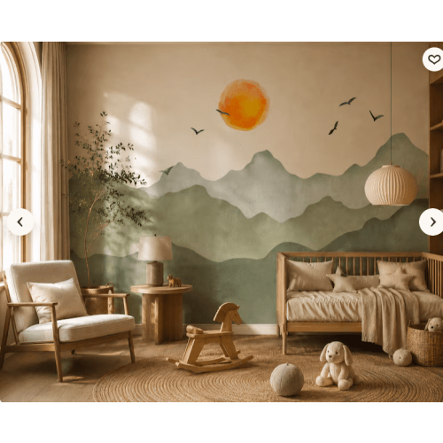 Kids Boho Wallpaper, Soft Green Mountain & Sky Wall Mural, Peel and Stick Nursery Decor