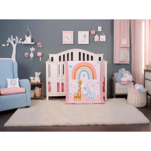 Animals 2-Piece Baby Crib Bedding Set, Pink Zebra Nursery Bedding (quilt and crib sheet, come with a dust ruffle as gift)