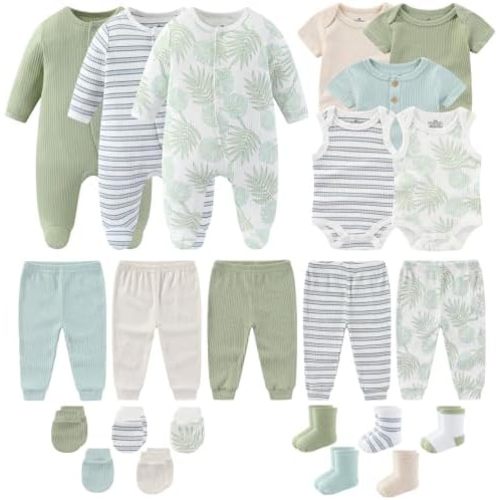 Newborn Baby Boy Girl Clothes Cotton Ribbed Mix Unisex Infant Bodysuit Pant Outfits 23 Pcs Layette Gift Set