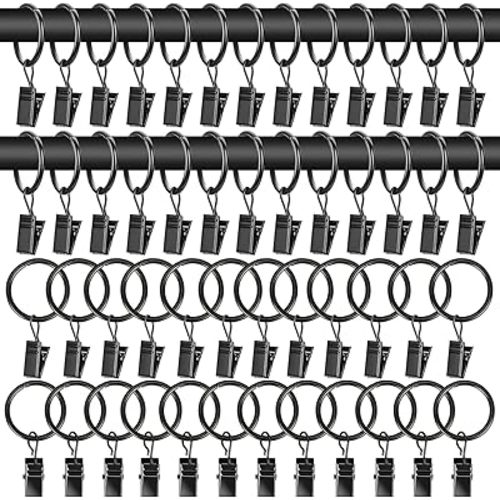 50Pcs Curtain Rings with Clips - Black Metal Drapery Rings with Clips 1.26 Inch Inner, Curtains Hooks,Drapery Hooks for Drapes, Curtains Window Hanging Decor Bedroom Living Room