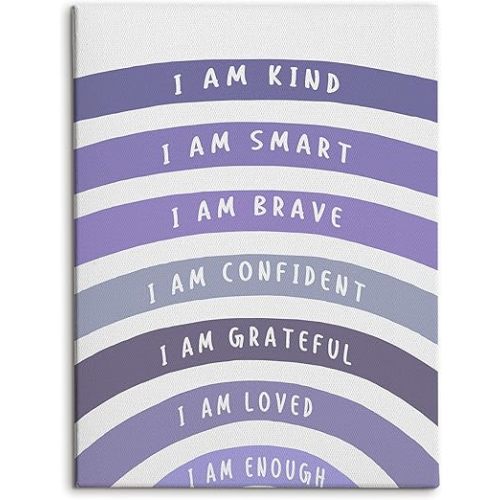 HRQKO Boho Inspirational Purple I Am Kind Canvas Wall Art Prints, Motivational Boho Rainbow Framed Art, Positive Affirmations Wall Decor for Kids Nursery Room Classroom Playroom, 11x14 inch
