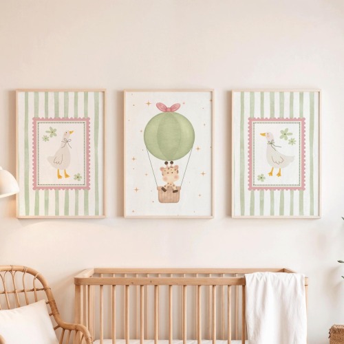 Silly goose nursery prints set of 843 sage green baby bedroom wall art gallery neutral home decor hot air balloon cute digital art print