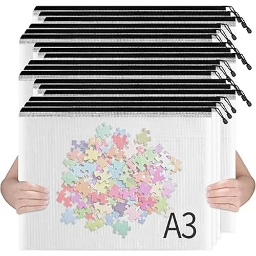 SUNEE 18pcs Plastic Mesh Zipper Pouch, A3, Extra Large, 16x11 in, Water-Resistant Zip Bag for School Office Supplies, Puzzles & Games Organizing Storage (Black, 18 Pack)