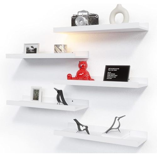RICHER HOUSE 5 Set White Floating Shelves, Wall Mounted Shelves for Wall Decor, Modern Picture Ledge Shelf with Lip for Storage Nursery, Bedroom, Living Room, Bathroom - White