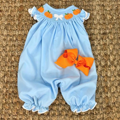 Smocked Pumpkin Blue Bubble - Fall, Thanksgiving, Halloween, Vintage Style 647 *B