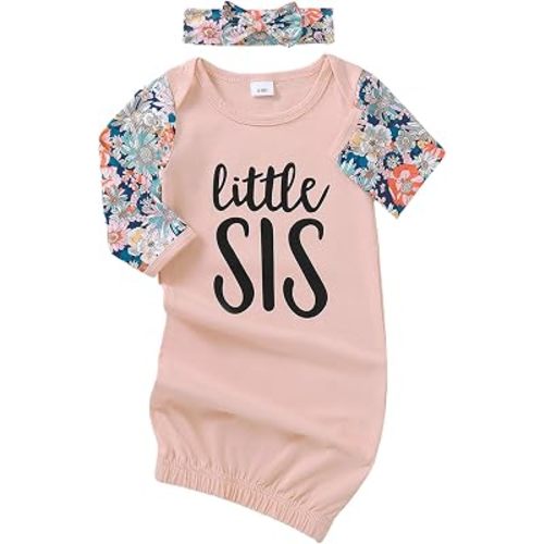 AMAWMW Newborn Baby Girl Little Sister Sleeper Gown Stripe Long Sleeve Nightgown Pajamas Gifts Stuff Essential Outfit