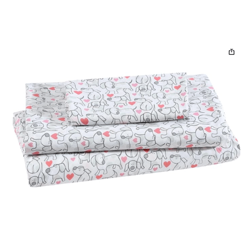 Printed Soft Microfiber Twin 3-Piece Sheet Set, Hearts & Hounds